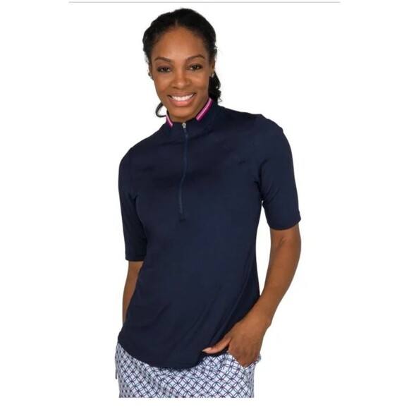 JOFIT Women’s Half Sleeve Rib Collar Mock Golf Polo Size Large Navy Blue NEW - Picture 1 of 11